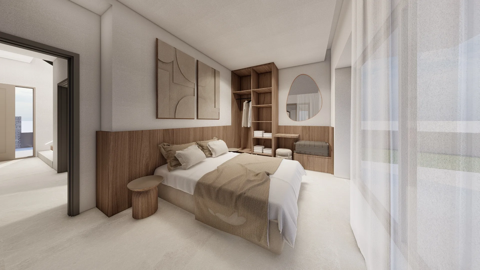 Warm, minimal guest bedroom