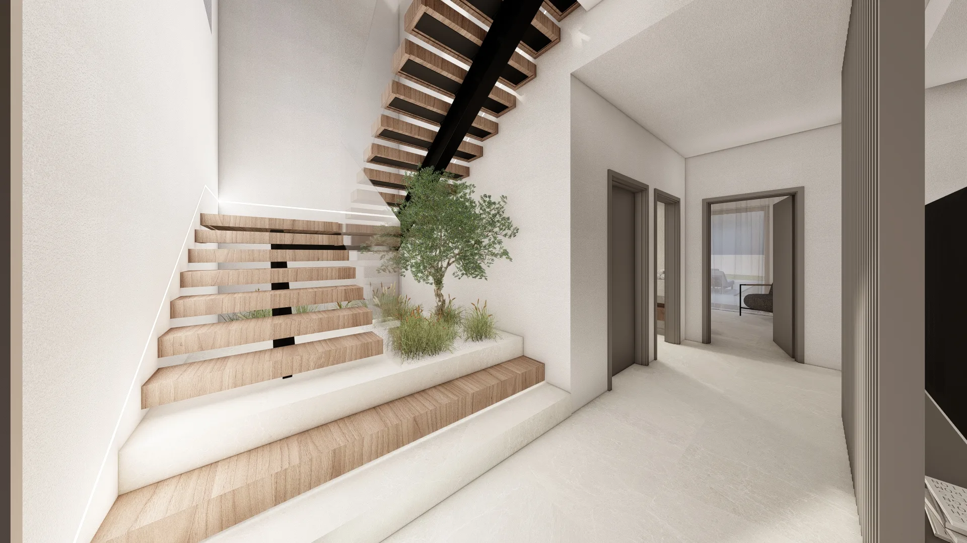 Light-filled staircase with an indoor olive tree