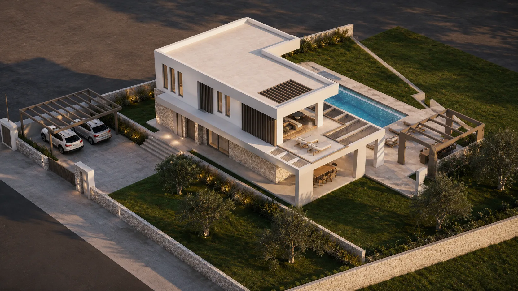 The villa and landscaped grounds viewed from above