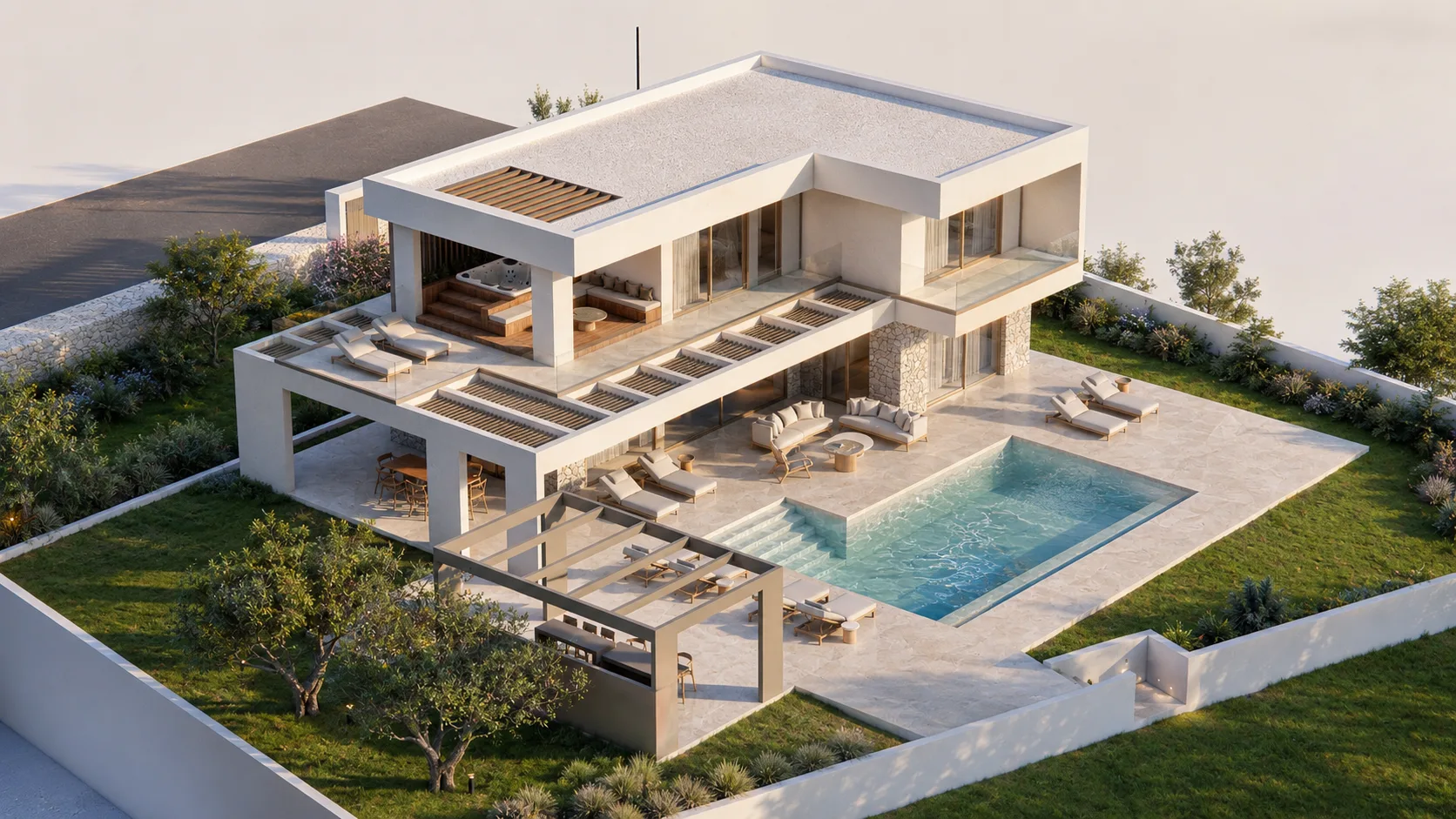 Aerial view of The South Rhodes Retreat and its private pool
